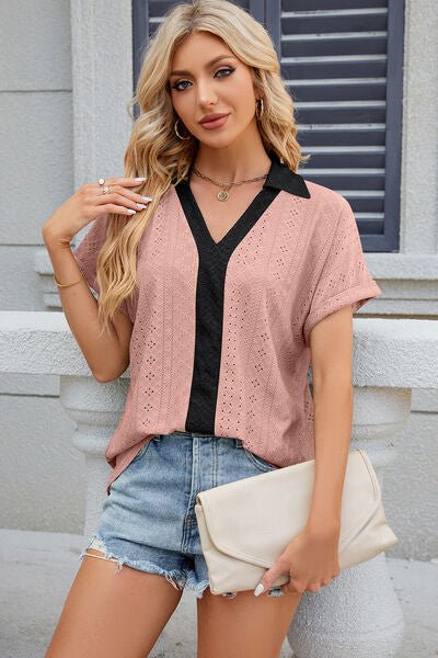 Eyelet Johnny Collar Short Sleeve T-Shirt - Loulou Boutique