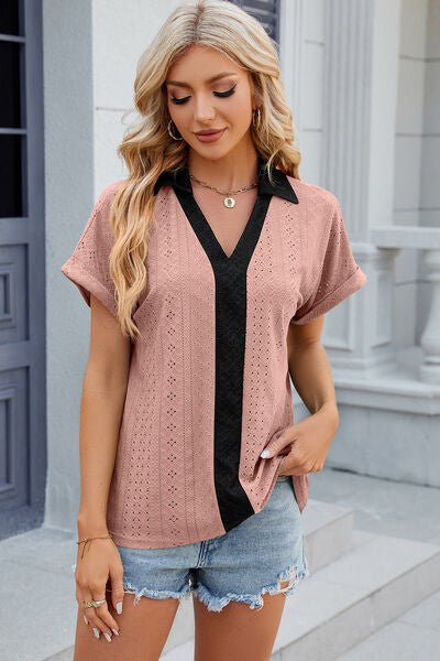 Eyelet Johnny Collar Short Sleeve T-Shirt - Loulou Boutique