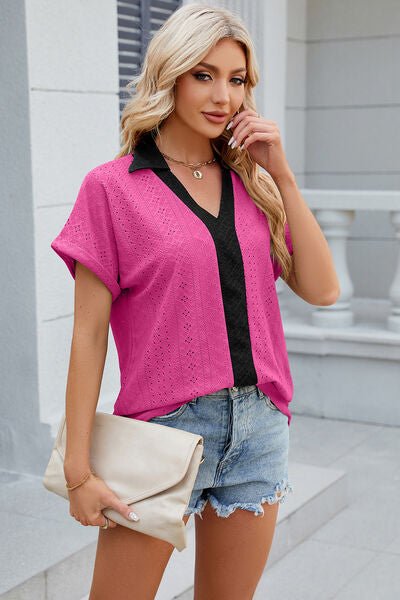 Eyelet Johnny Collar Short Sleeve T-Shirt - Loulou Boutique