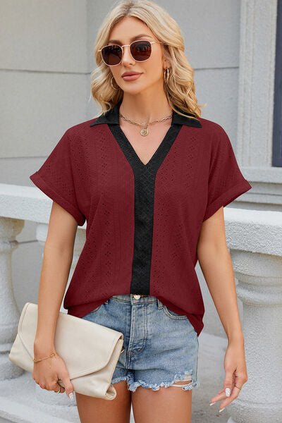 Eyelet Johnny Collar Short Sleeve T-Shirt - Loulou Boutique