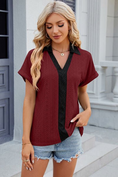 Eyelet Johnny Collar Short Sleeve T-Shirt - Loulou Boutique