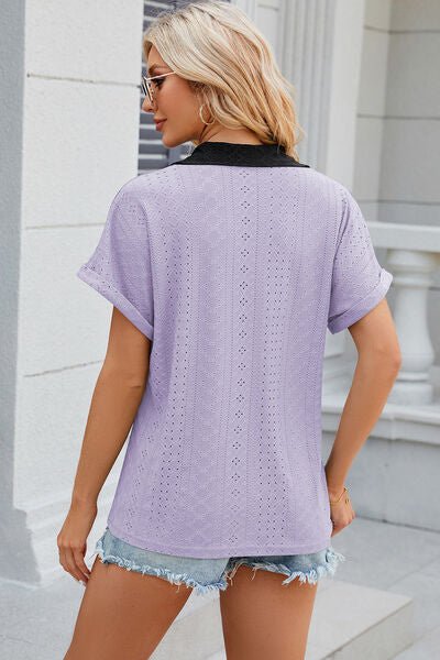 Eyelet Johnny Collar Short Sleeve T-Shirt - Loulou Boutique