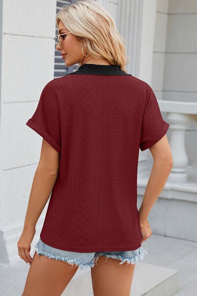 Eyelet Johnny Collar Short Sleeve T-Shirt - Loulou Boutique