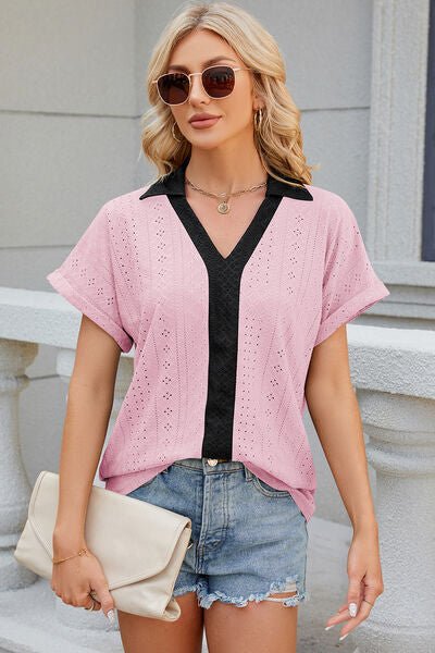 Eyelet Johnny Collar Short Sleeve T-Shirt - Loulou Boutique