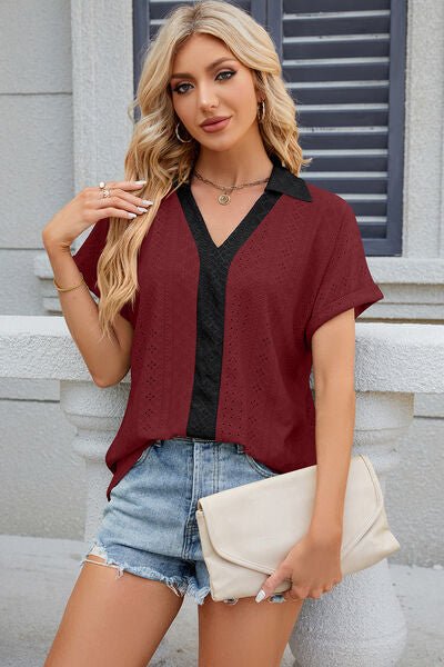 Eyelet Johnny Collar Short Sleeve T-Shirt - Loulou Boutique