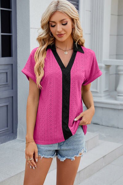 Eyelet Johnny Collar Short Sleeve T-Shirt - Loulou Boutique