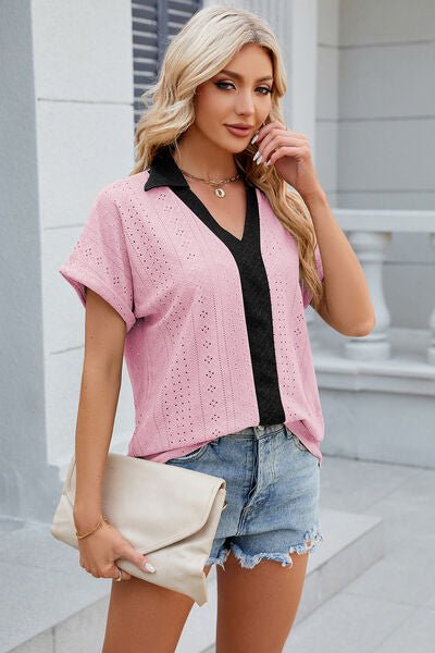 Eyelet Johnny Collar Short Sleeve T-Shirt - Loulou Boutique