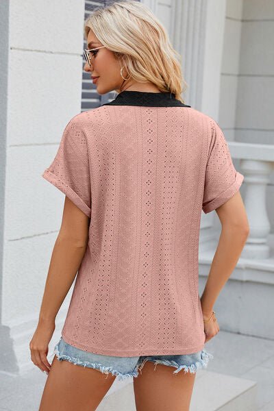 Eyelet Johnny Collar Short Sleeve T-Shirt - Loulou Boutique