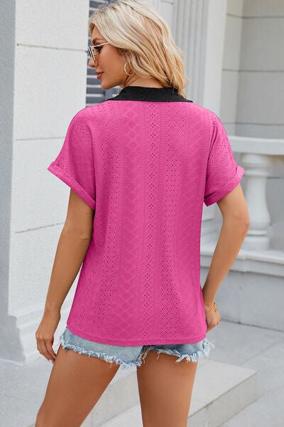 Eyelet Johnny Collar Short Sleeve T-Shirt - Loulou Boutique