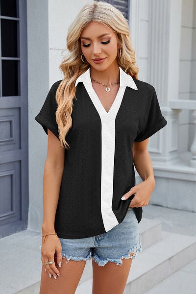 Eyelet Johnny Collar Short Sleeve T-Shirt - Loulou Boutique