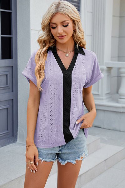 Eyelet Johnny Collar Short Sleeve T-Shirt - Loulou Boutique
