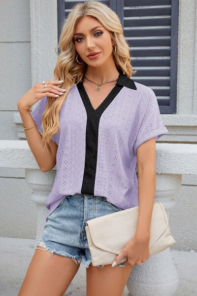 Eyelet Johnny Collar Short Sleeve T-Shirt - Loulou Boutique