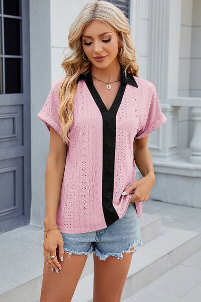 Eyelet Johnny Collar Short Sleeve T-Shirt - Loulou Boutique
