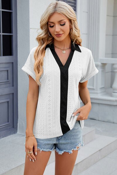 Eyelet Johnny Collar Short Sleeve T-Shirt - Loulou Boutique