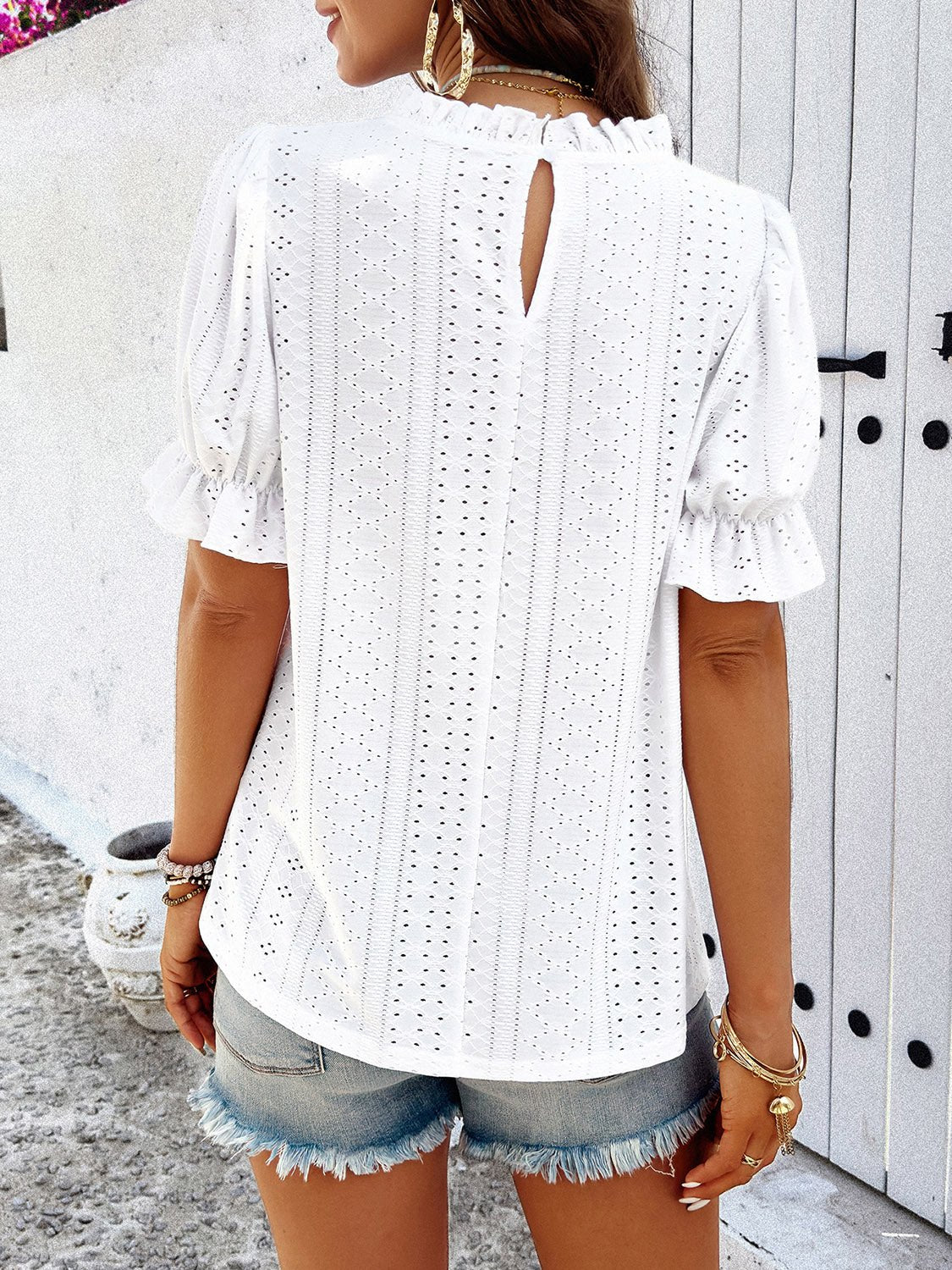 Eyelet Mock Neck Flounce Sleeve Blouse - Loulou Boutique