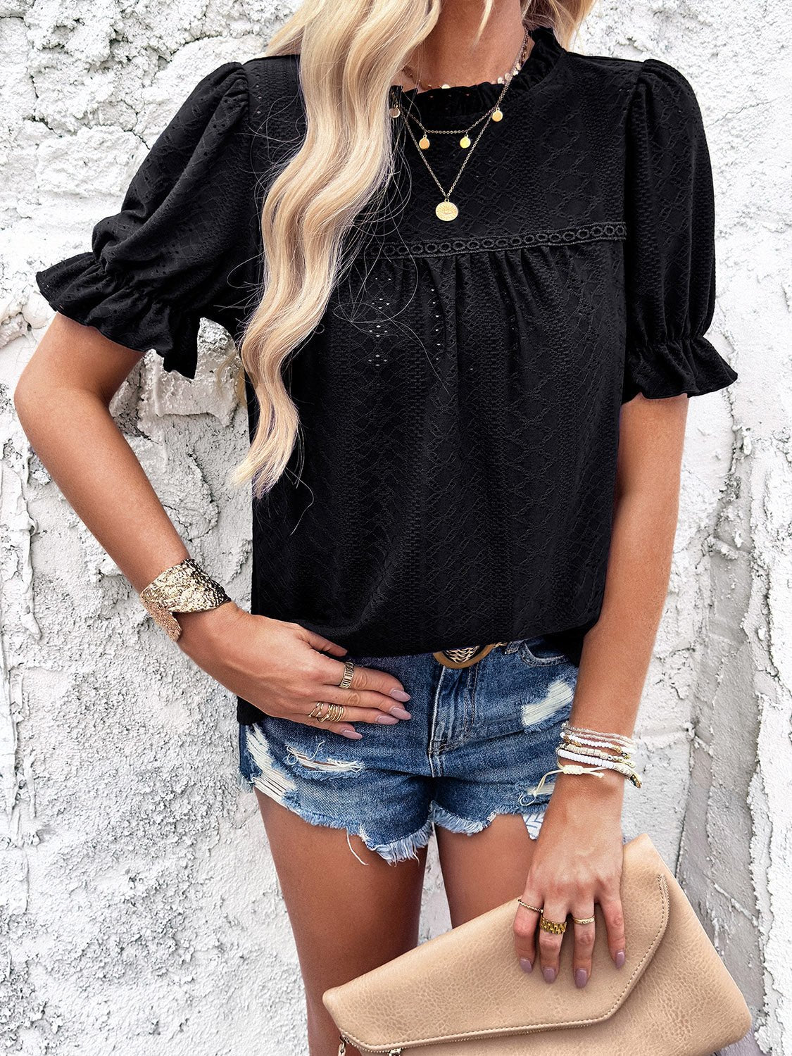 Eyelet Mock Neck Flounce Sleeve Blouse - Loulou Boutique
