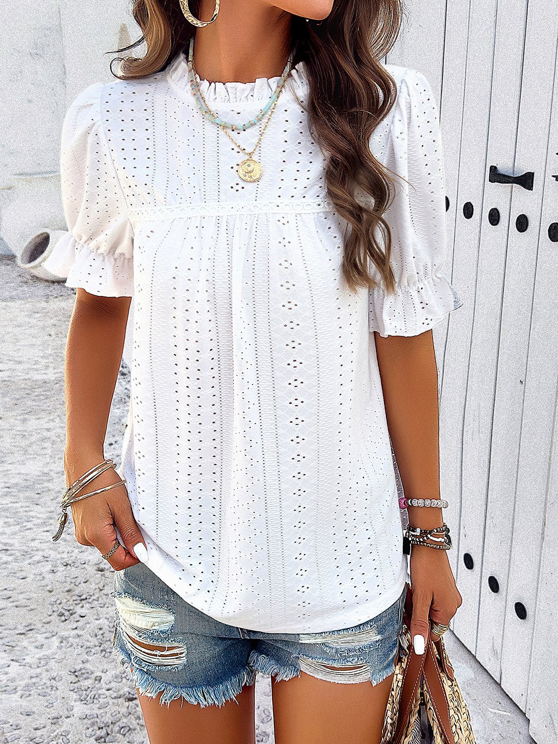 Eyelet Mock Neck Flounce Sleeve Blouse - Loulou Boutique