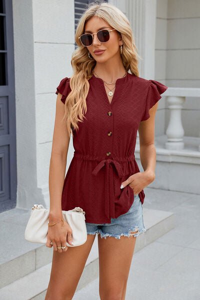 Eyelet Notched Cap Sleeve Blouse - Loulou Boutique