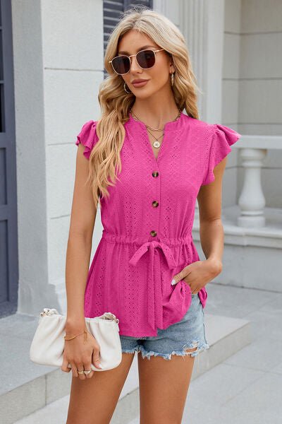 Eyelet Notched Cap Sleeve Blouse - Loulou Boutique