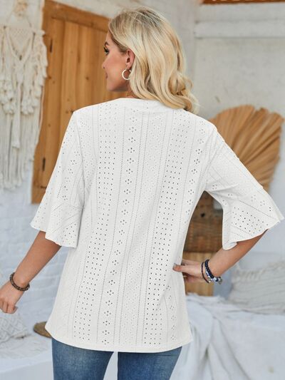 Eyelet Notched Half Sleeve T-Shirt - Loulou Boutique
