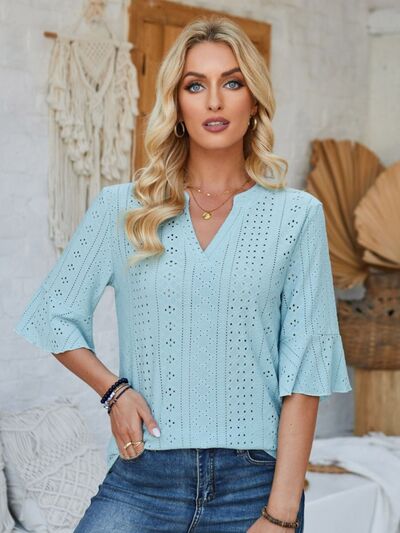 Eyelet Notched Half Sleeve T-Shirt - Loulou Boutique