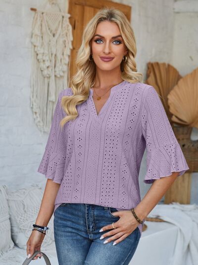 Eyelet Notched Half Sleeve T-Shirt - Loulou Boutique