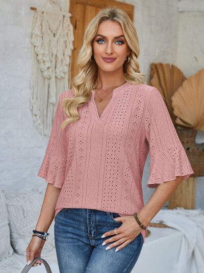 Eyelet Notched Half Sleeve T-Shirt - Loulou Boutique