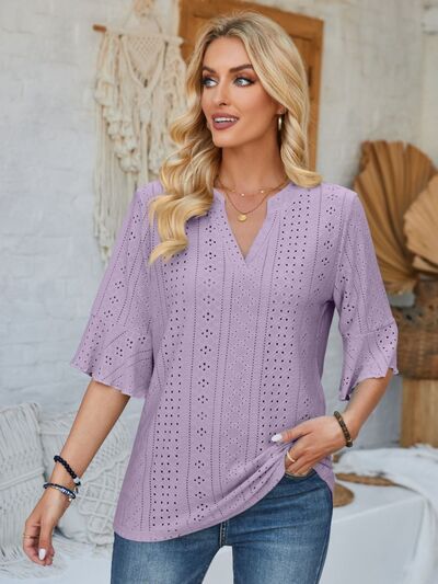 Eyelet Notched Half Sleeve T-Shirt - Loulou Boutique