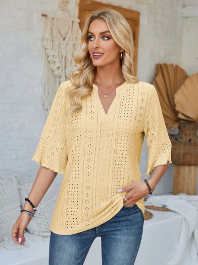Eyelet Notched Half Sleeve T-Shirt - Loulou Boutique