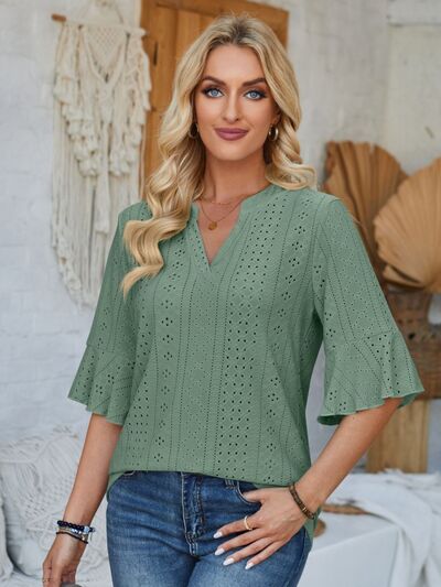 Eyelet Notched Half Sleeve T-Shirt - Loulou Boutique