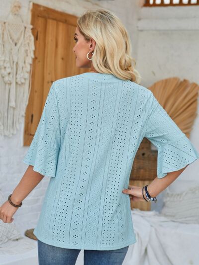 Eyelet Notched Half Sleeve T-Shirt - Loulou Boutique
