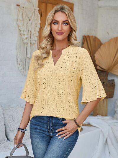 Eyelet Notched Half Sleeve T-Shirt - Loulou Boutique
