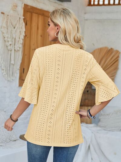 Eyelet Notched Half Sleeve T-Shirt - Loulou Boutique