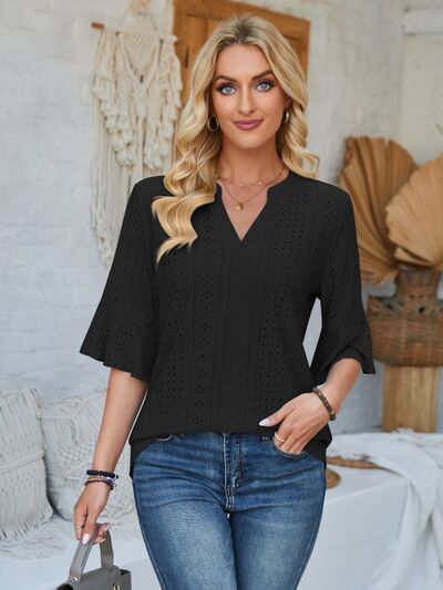 Eyelet Notched Half Sleeve T-Shirt - Loulou Boutique