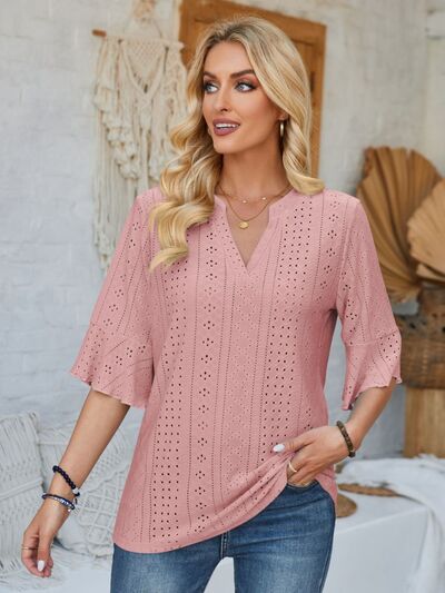 Eyelet Notched Half Sleeve T-Shirt - Loulou Boutique
