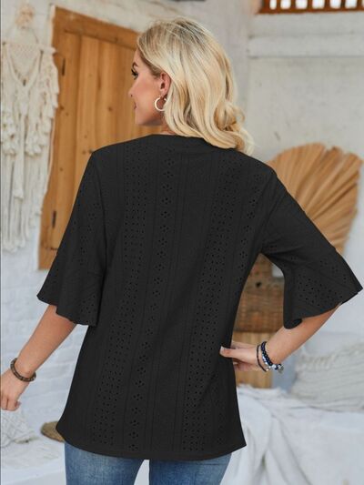 Eyelet Notched Half Sleeve T-Shirt - Loulou Boutique