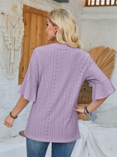 Eyelet Notched Half Sleeve T-Shirt - Loulou Boutique