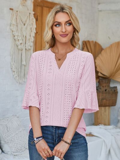 Eyelet Notched Half Sleeve T-Shirt - Loulou Boutique