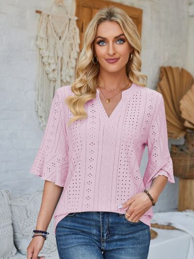 Eyelet Notched Half Sleeve T-Shirt - Loulou Boutique