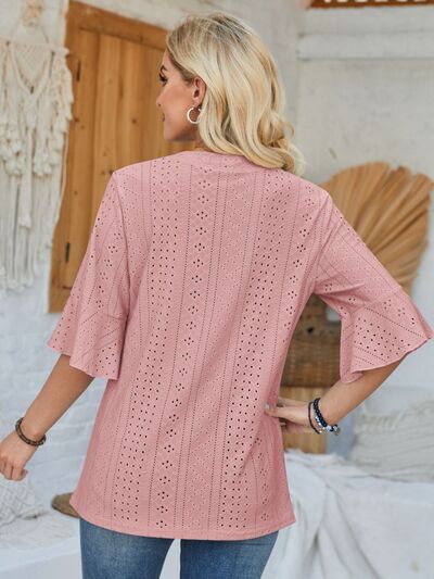 Eyelet Notched Half Sleeve T-Shirt - Loulou Boutique