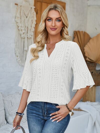 Eyelet Notched Half Sleeve T-Shirt - Loulou Boutique