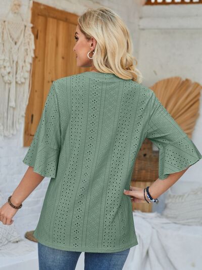 Eyelet Notched Half Sleeve T-Shirt - Loulou Boutique