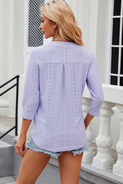 Eyelet Notched Knit Jacquard Top - Loulou Boutique