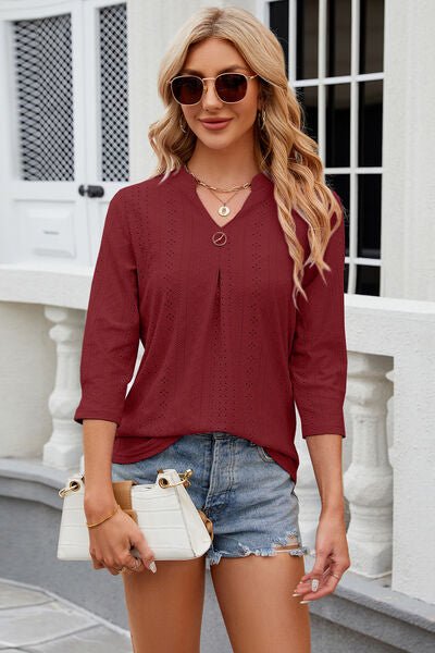 Eyelet Notched Knit Jacquard Top - Loulou Boutique