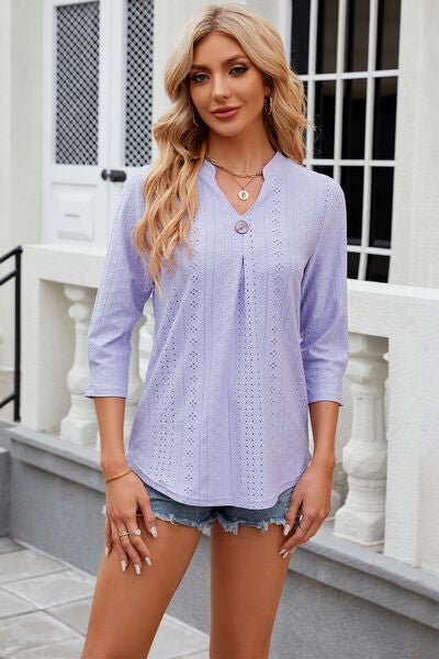 Eyelet Notched Knit Jacquard Top - Loulou Boutique
