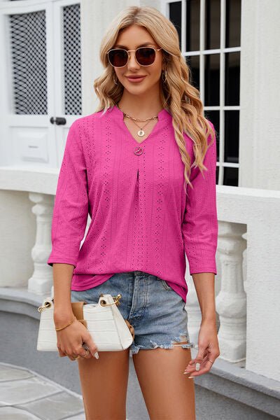 Eyelet Notched Knit Jacquard Top - Loulou Boutique