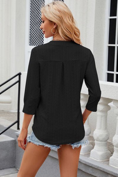 Eyelet Notched Knit Jacquard Top - Loulou Boutique