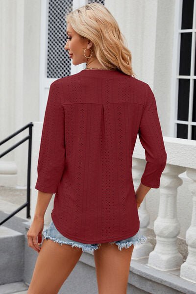 Eyelet Notched Knit Jacquard Top - Loulou Boutique