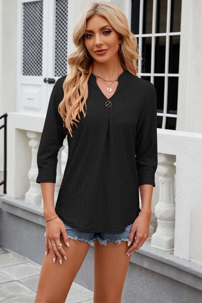 Eyelet Notched Knit Jacquard Top - Loulou Boutique