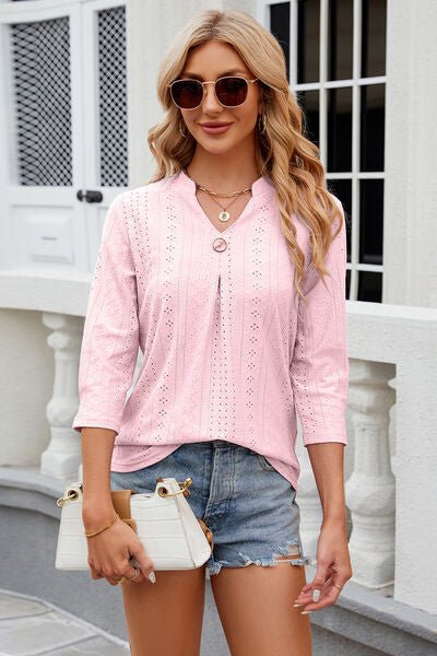 Eyelet Notched Knit Jacquard Top - Loulou Boutique